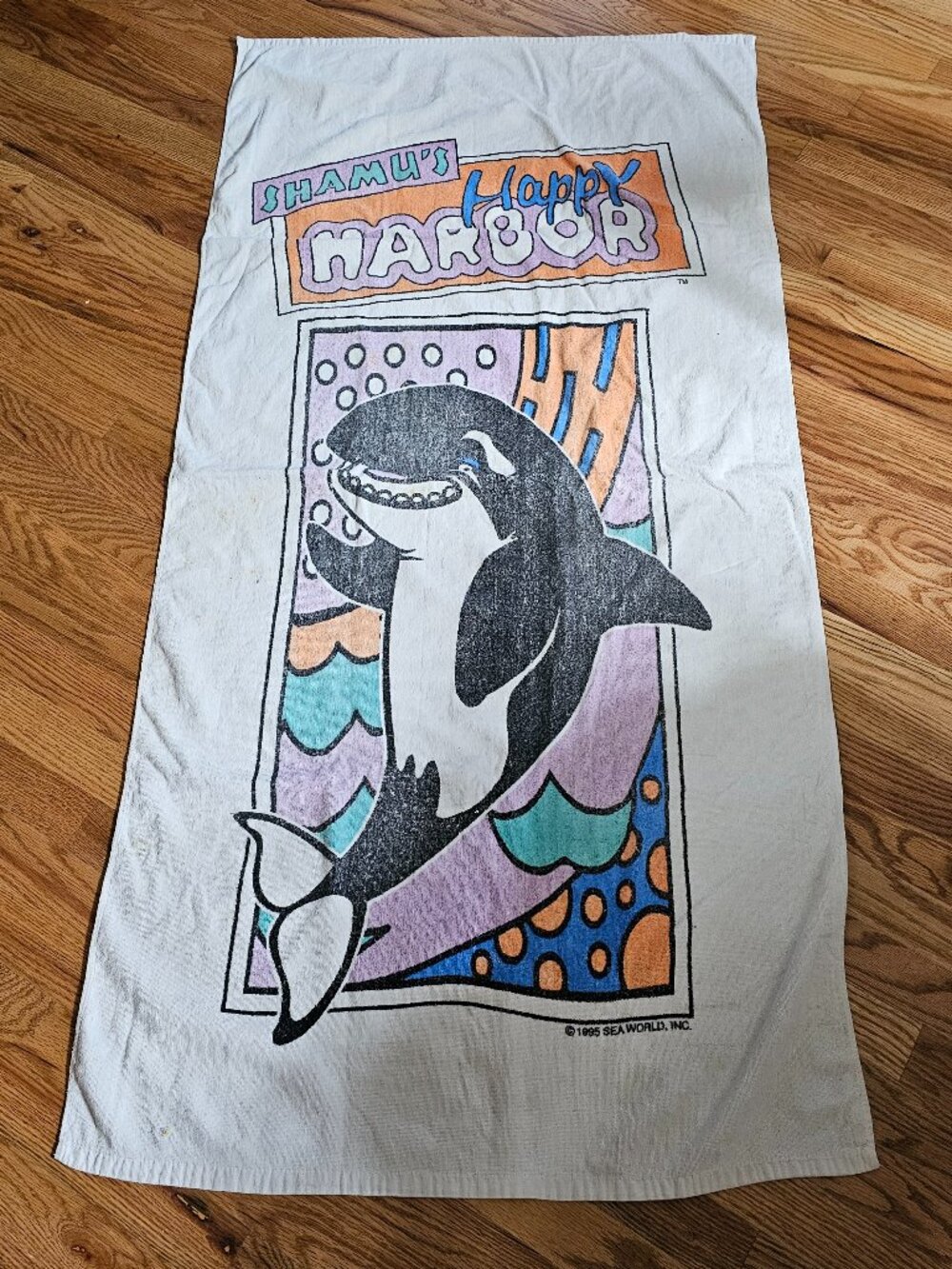 Vintage Rare 90s 1995 Sea World Shamu's Happy Harbor Beach Towel Orca Whale Rare